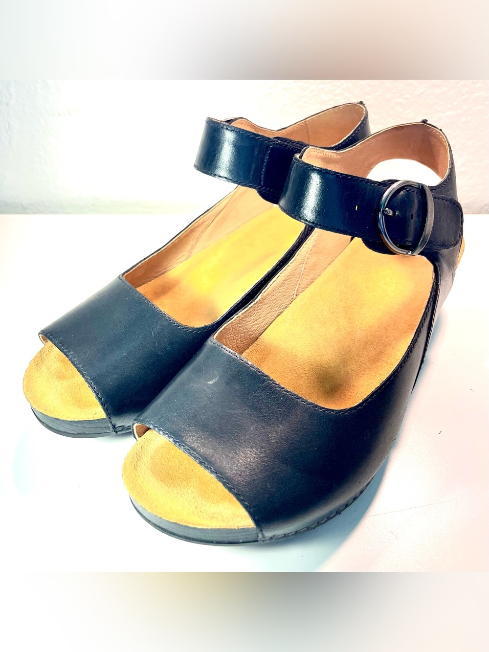 Dansko Tiana Black Women's Peep-Toe Wedge Sandals with Ankle Strap - Picture 3 of 9